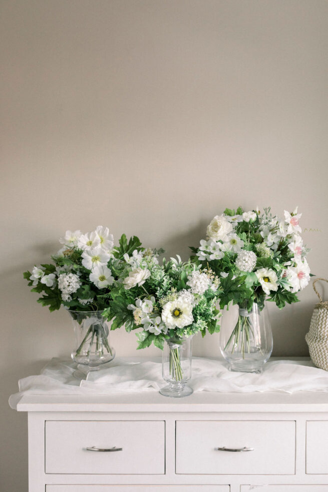 Small, medium and large seasonal cottage garden faux bouquets in vase