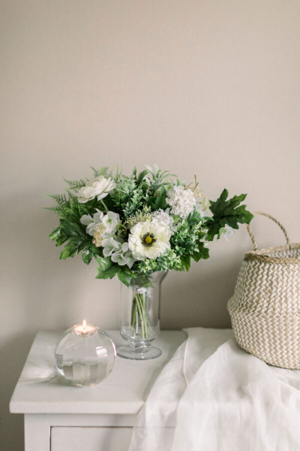 Small seasonal cottage garden faux bouquet in vase